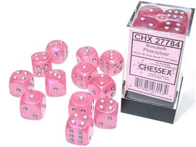 Chessex Borealis 16mm d6 Pink / Silver Luminary Dice Block (12 dice)