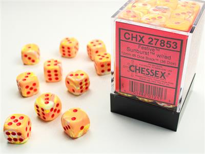 Chessex Festive 12mm d6 w/pips Sunburst / Red Dice Block (36 dice)
