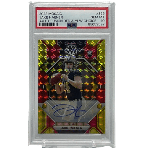 2023 Panini Mosaic Jake Haener #325 Rookie Autograph Red & Yellow Choice PSA 10