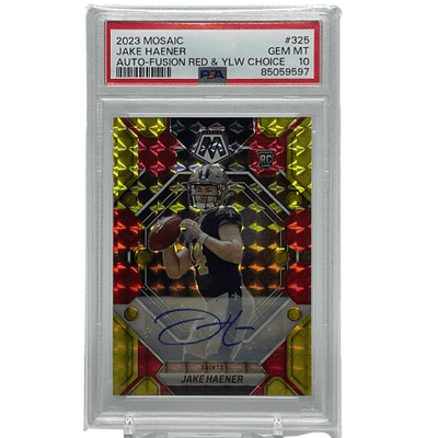 2023 Panini Mosaic Jake Haener #325 Rookie Autograph Red & Yellow Choice PSA 10