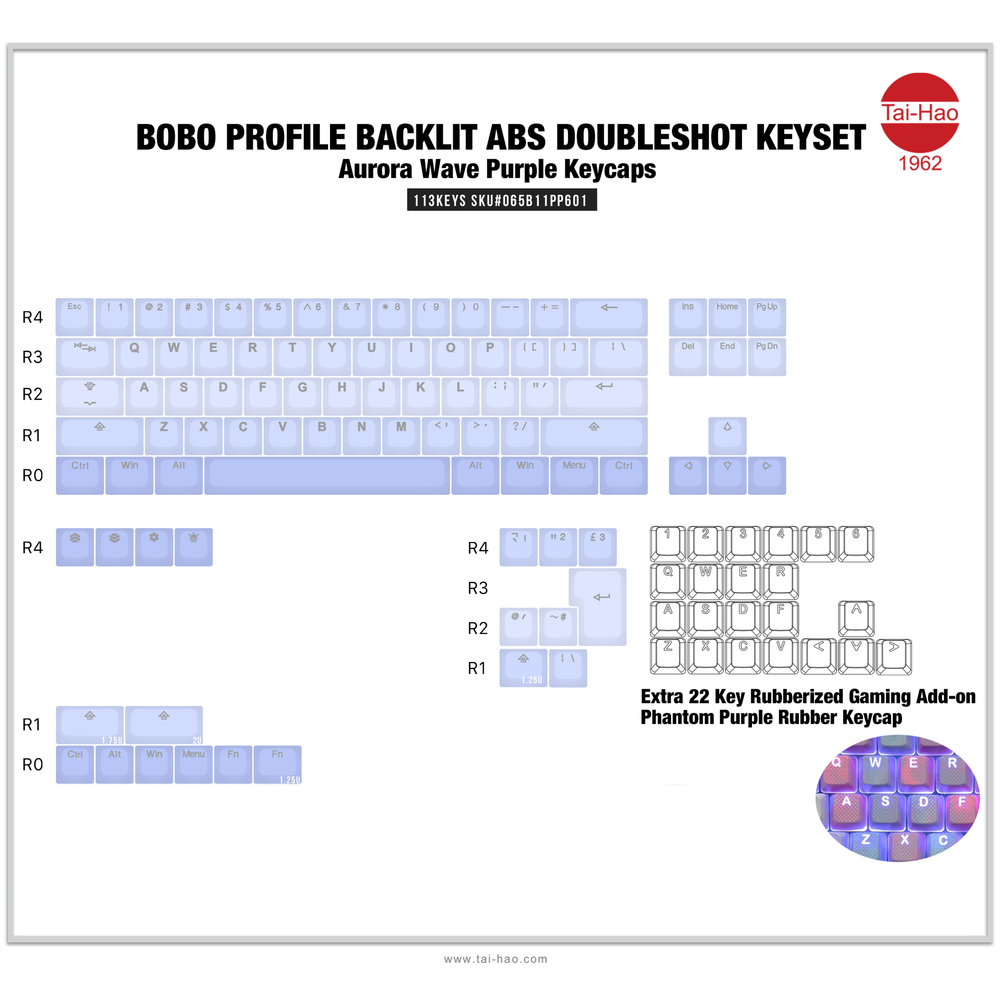 Tai-Hao Aurora Wave Purple Backlit 113 Key BOBO Profile Double Shot ABS Keycap Set