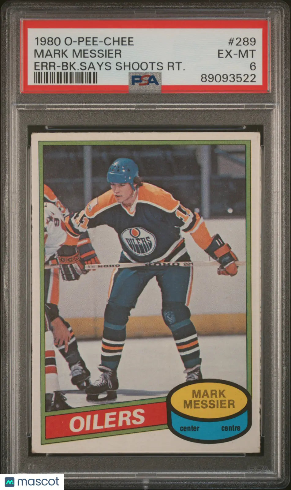 1980 O-Pee-Chee Mark Messier #289 Err BK. Says Shoots RT. PSA 6