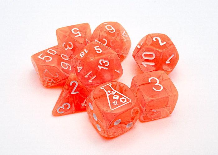 Chessex Lab Dice Translucent Neon Orange / White Black Light 8 Dice Set 30060