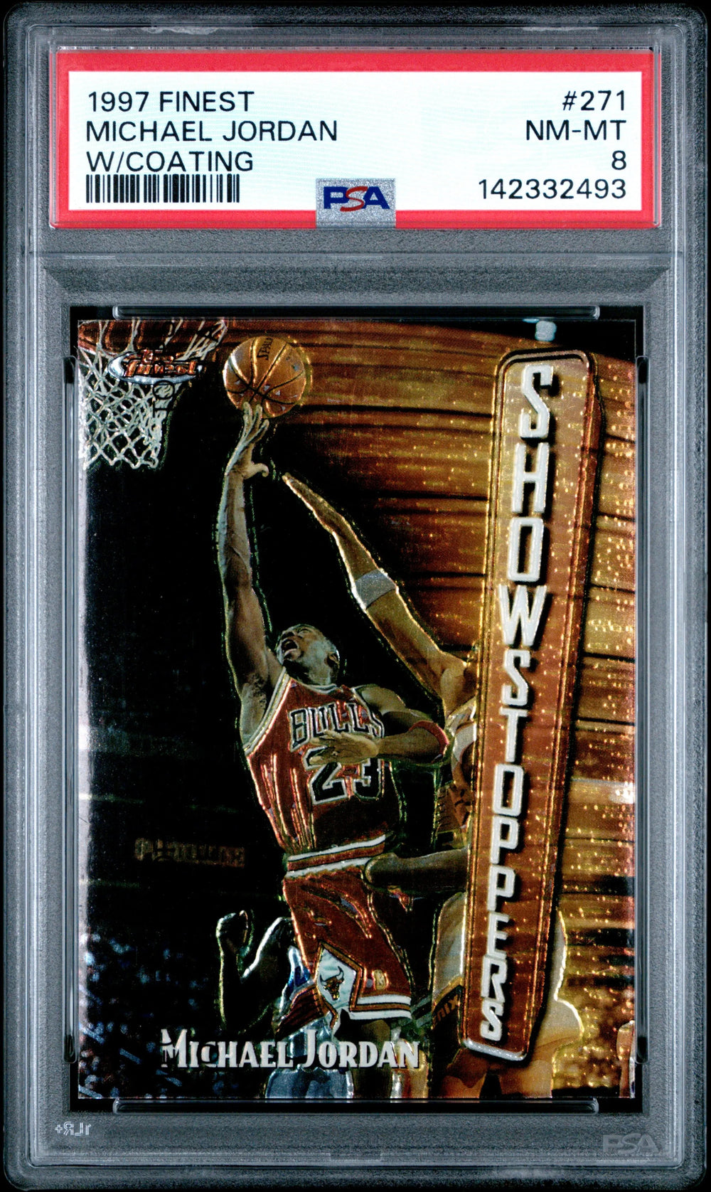 1997 Topps Finest Michael Jordan Show Stoppers #271 With Coating PSA 8