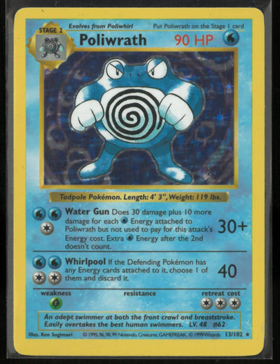 1999 Pokemon Base Set Unlimited Poliwrath Holo Rare 13/102