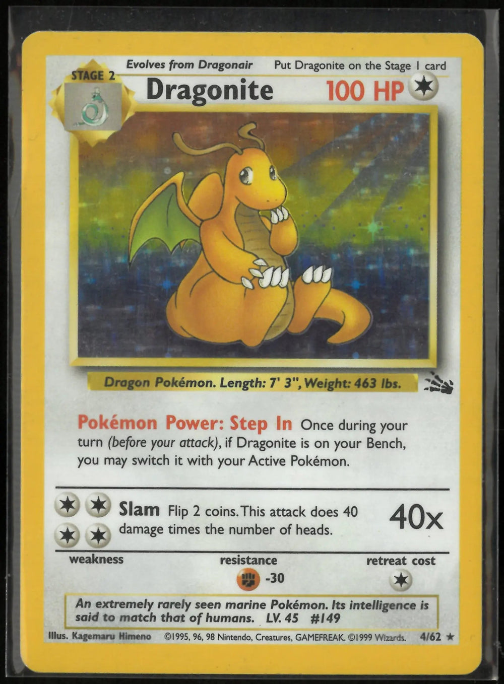 1999 Pokemon Fossil Dragonite Holo Rare 4/62 LP