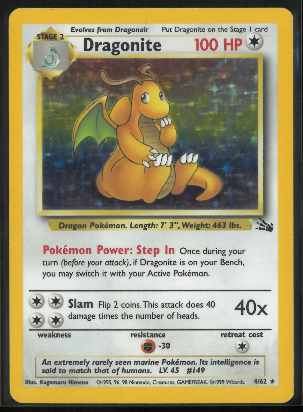 1999 Pokemon Fossil Unlimited Holofoil Rare Dragonite 4/62