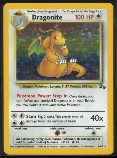 1999 Pokemon Fossil Unlimited Holofoil Rare Dragonite 4/62