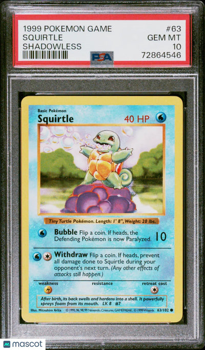 1999 Pokemon Game Squirtle Shadowless PSA 10 #63