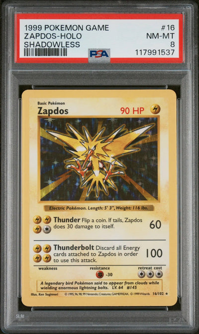 1999 Pokemon Game Zapdos Holo Shadowless PSA 8 16/102