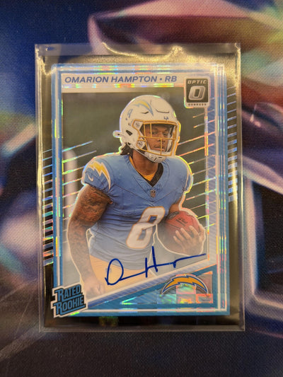 2025 NFL Panini Donruss Optic - Omarion Hampton Rated Rookie Auto Black Pandora Prizm Limited to /35 - Chargers - Raw Ungraded Card