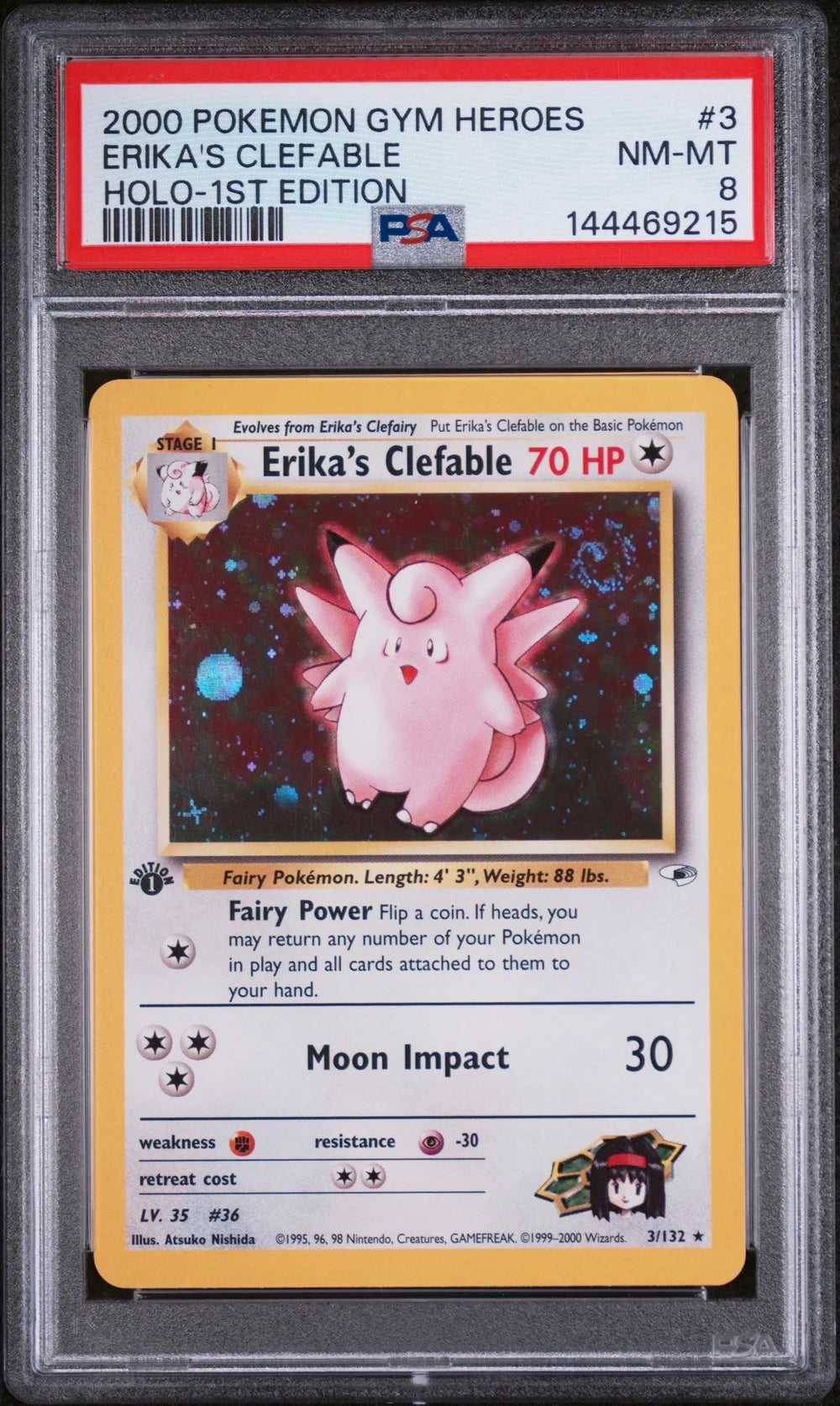 2000 Pokemon Gym Heroes Erika's Clefable Holo-1st Edition PSA 8 3/132
