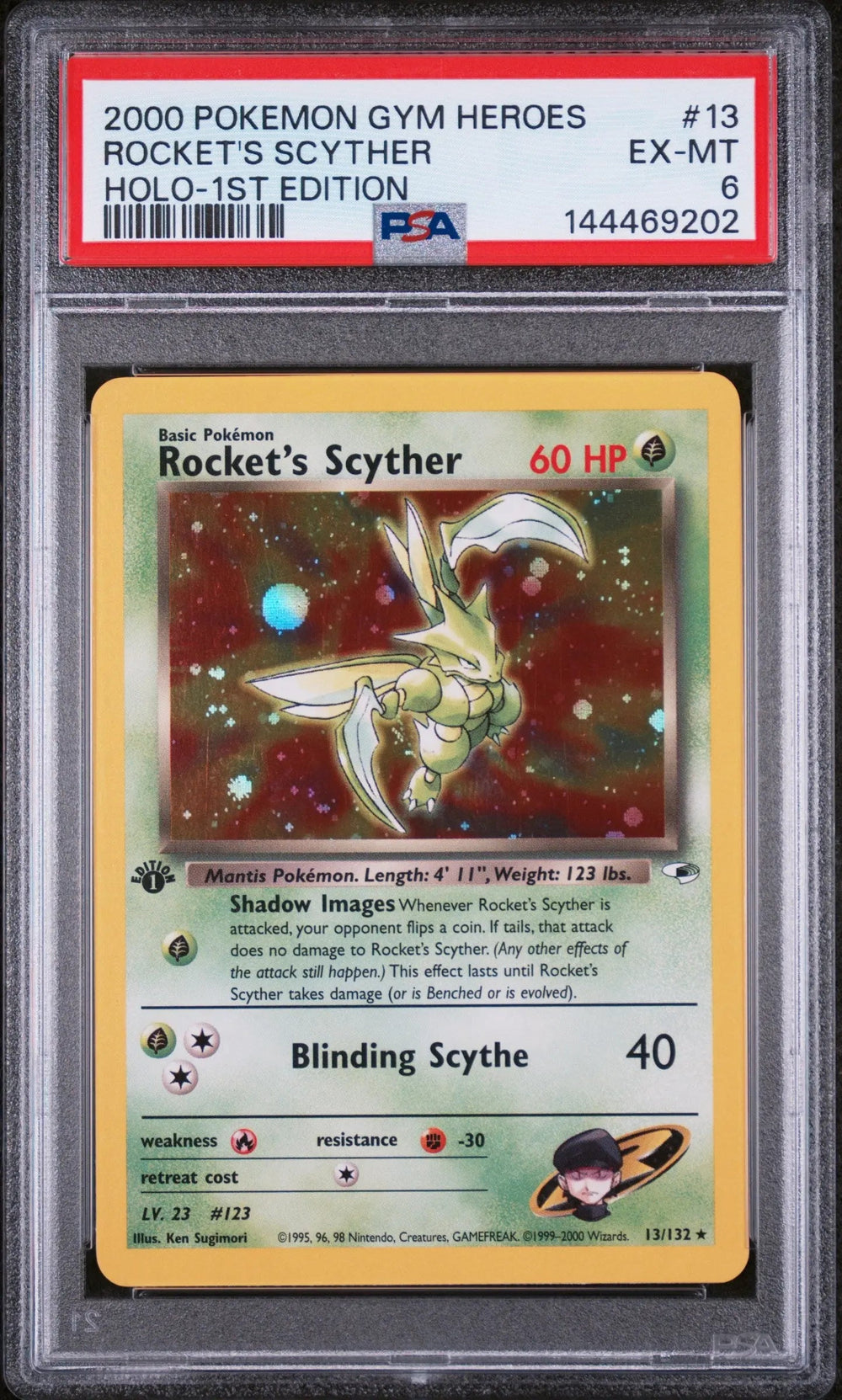 2000 Pokemon Gym Heroes Rocket's Scyther Holo-1st Edition PSA 6 13/132