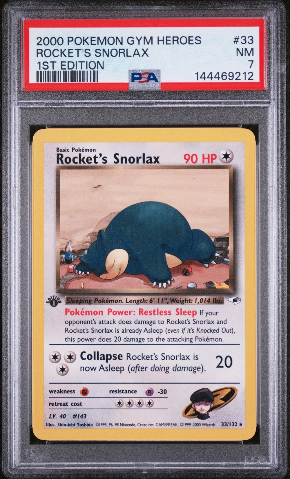 2000 Pokemon Gym Heroes Rocket's Snorlax 1st Edition PSA 7 33/132