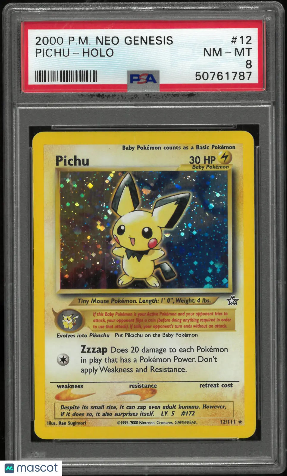 2000 Pokemon Neo Genesis Unlimited Holofoil Pichu 12/111 PSA 8