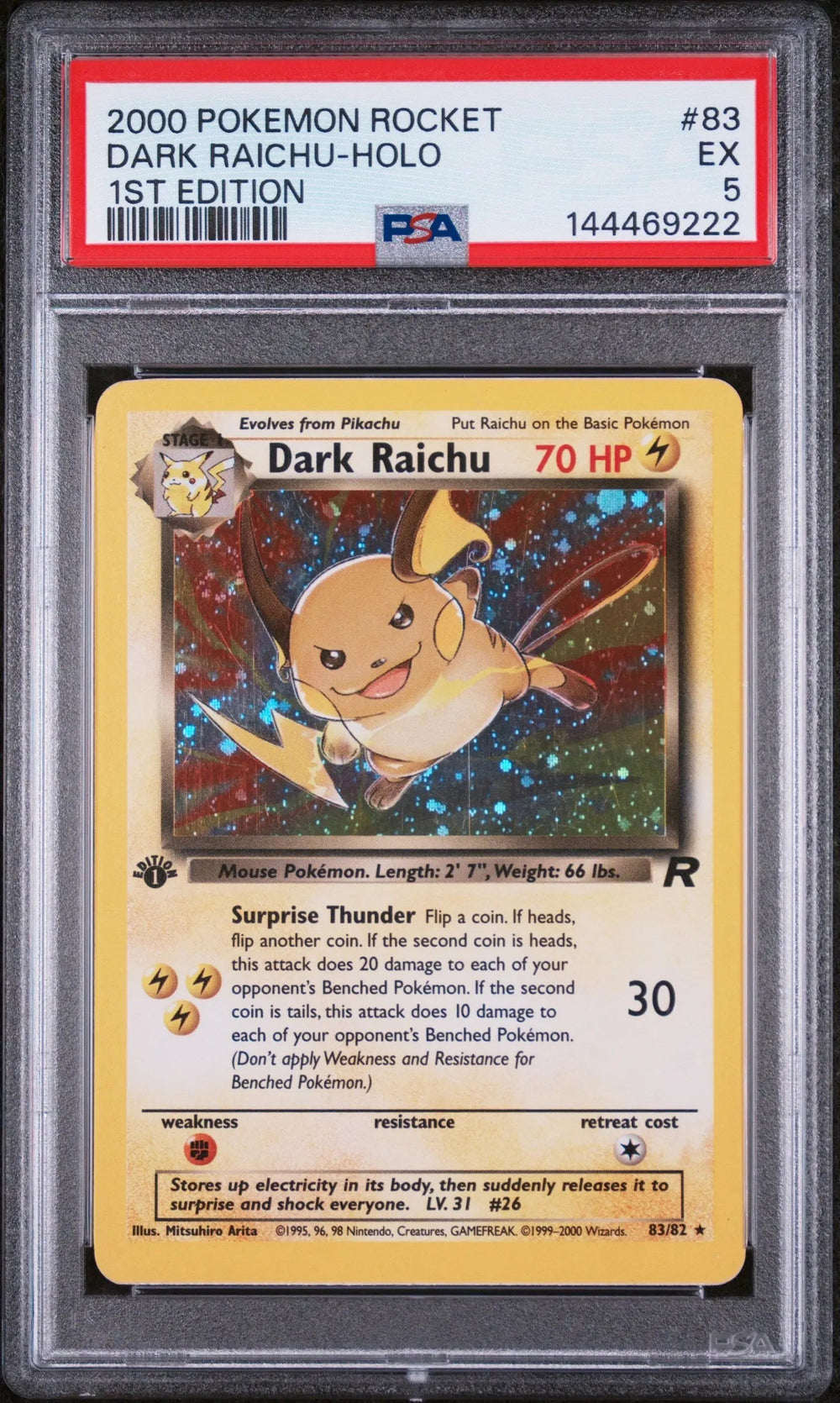 2000 Pokemon Rocket Dark Raichu Holo 1st Edition PSA 5 83/82