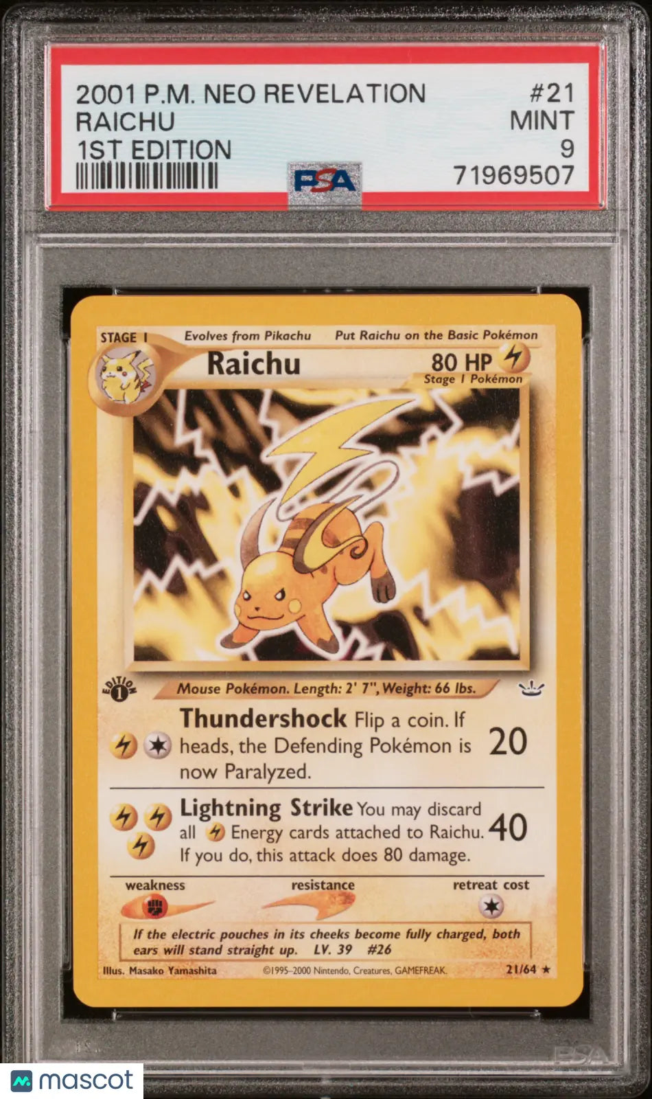 2001 Pokemon Neo Revelation Raichu 1st Edition PSA 9 21/64
