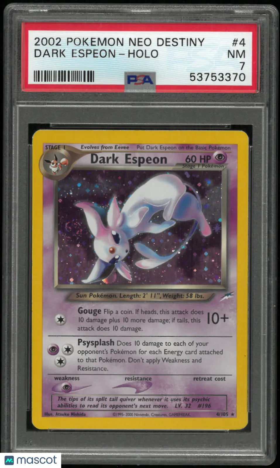 2002 Pokemon Neo Destiny Dark Espeon Holo Swirl 4/105 PSA 7
