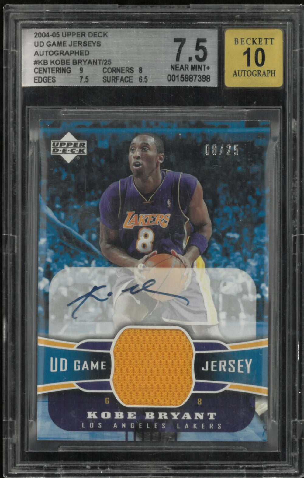 2004 Upper Deck UD Game Jersey Autograph Auto Kobe Bryant 8/25 BGS 7.5 Auto 10