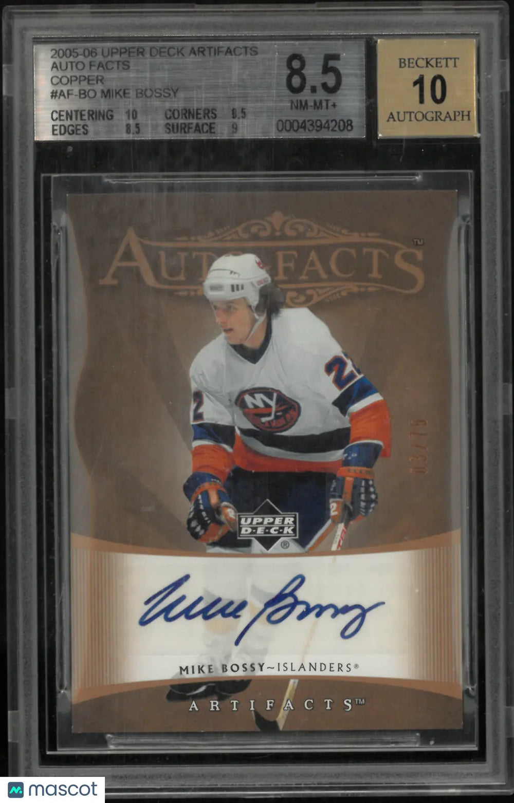 2005 Artifacts Auto Facts Copper Mike Bossy Autograph /75 BGS 8.5 Auto 10