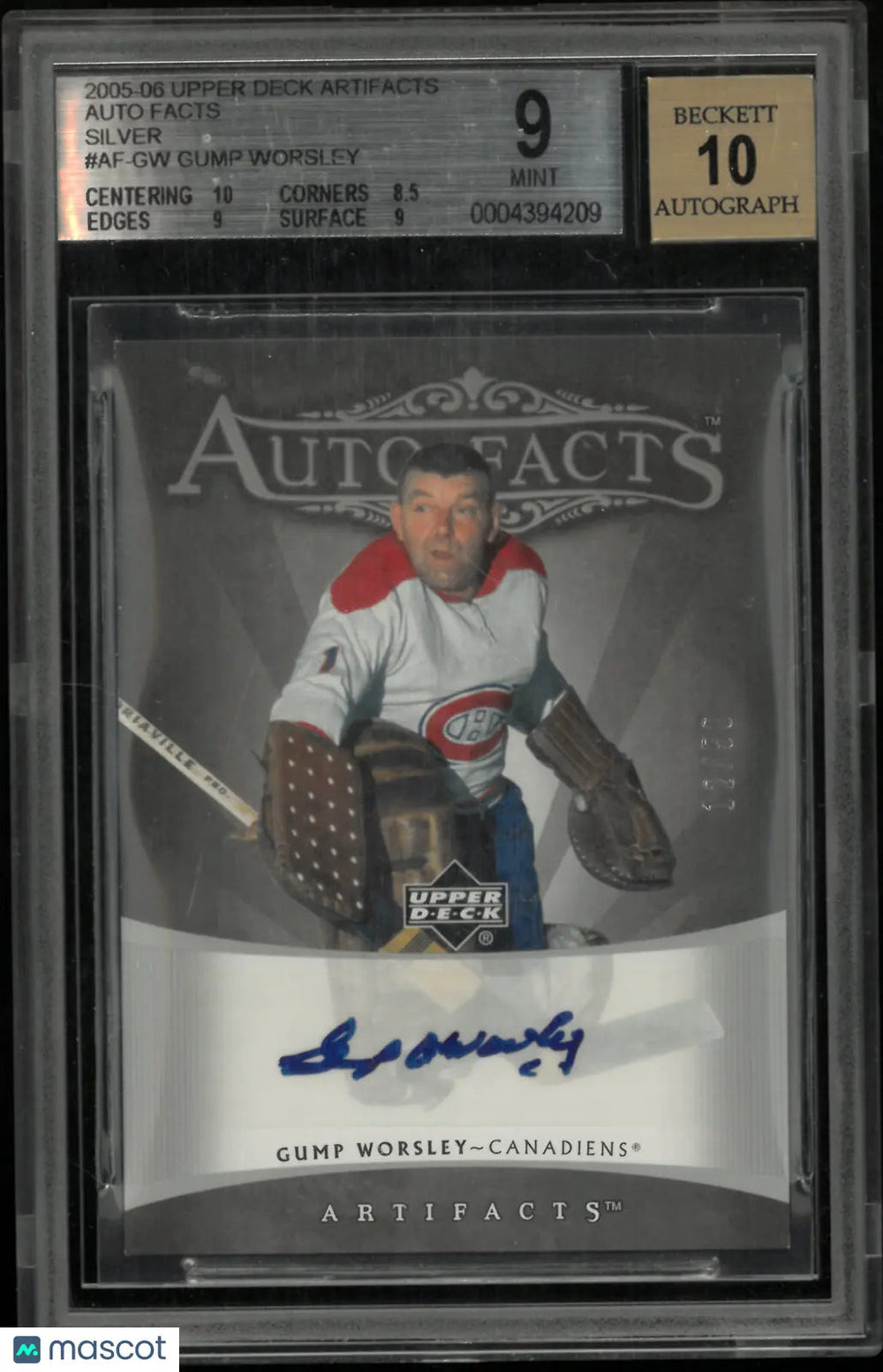 2005 Artifacts Auto Facts Silver Gump Worsley Autograph /50 BGS 9 Auto 10