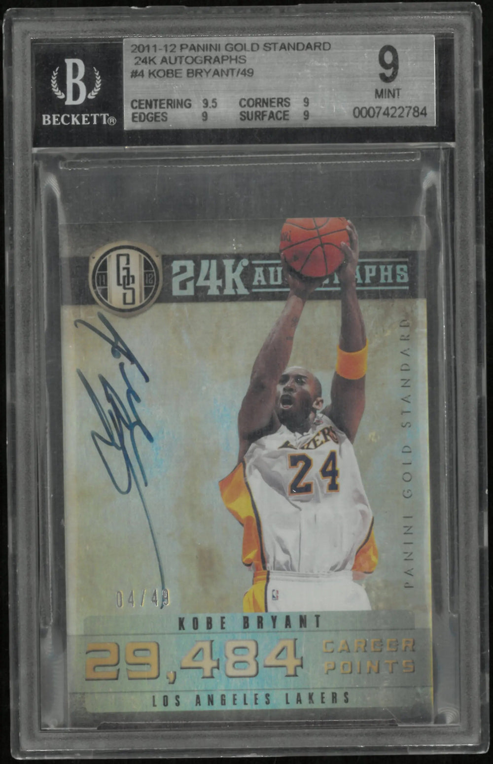 2011 Panini Gold Standard 24K Autograph Auto Kobe Bryant /49 BGS 9 Auto 10