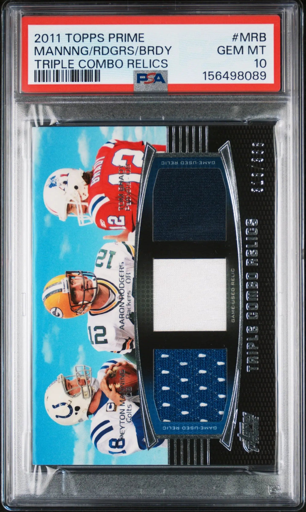 2011 Topps Prime Triple Combo Patch P.Mannning Rodgers Brady /388 PSA 10