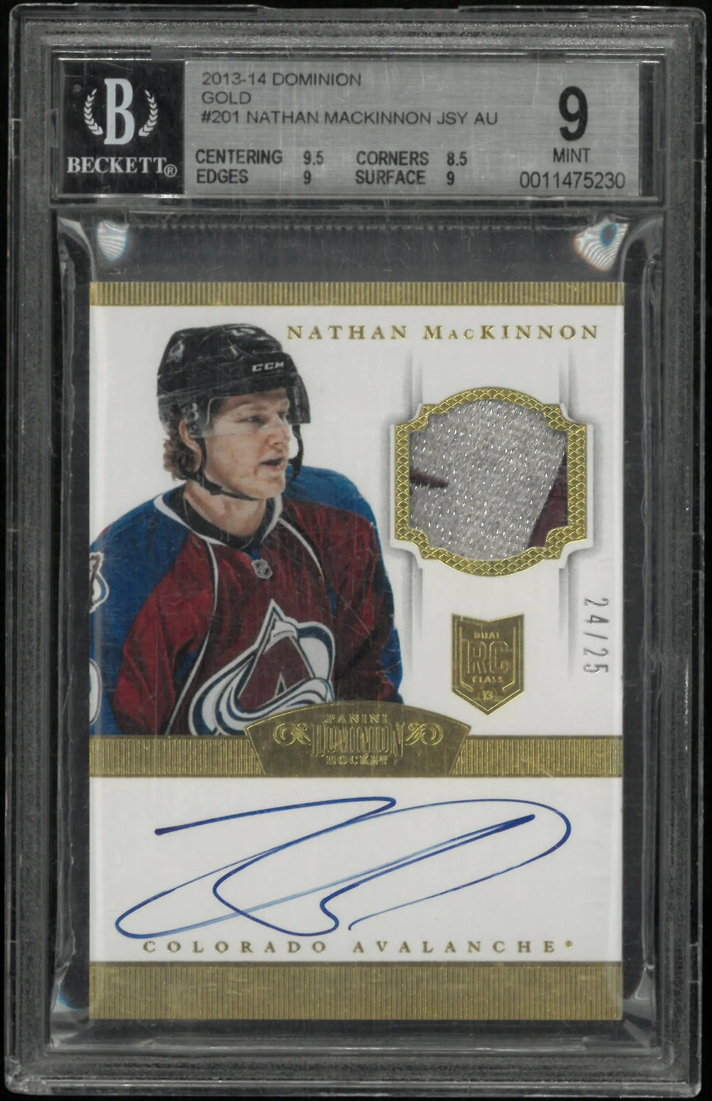 2013-14 Panini Dominion Gold Nathan MacKinnon RC Jersey Patch Auto BGS 9 /25
