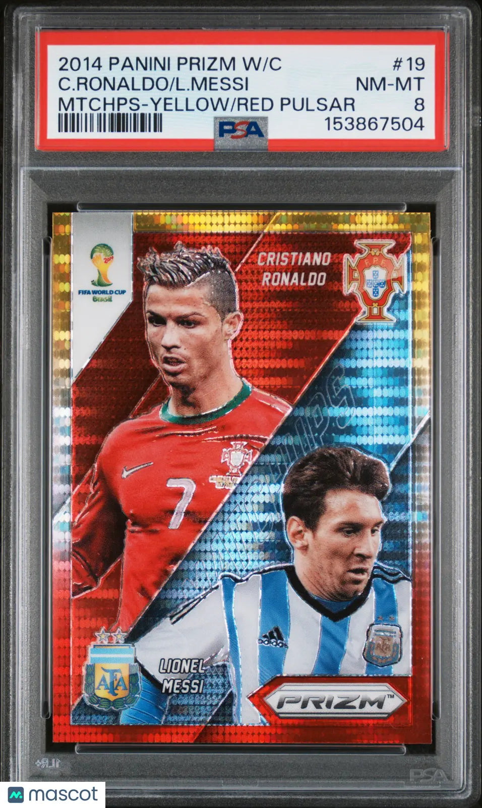 2014 Prizm World Cup Matchups C. Ronaldo L. Messi Yellow Red Pulsar PSA 8