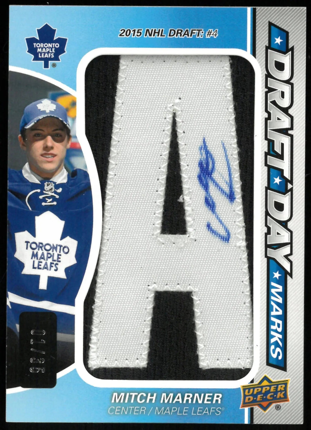 2015-16 UD SP Game Used Mitch Marner Draft Day Marks "Letter A" RC Auto 1/35