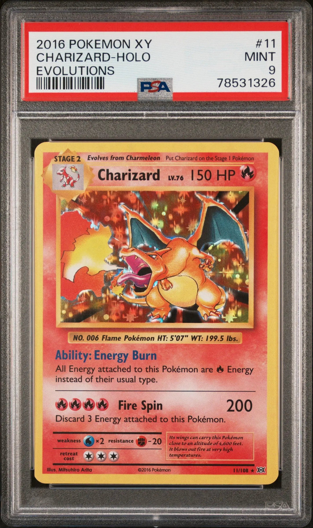2016 Pokemon XY Evolutions Charizard Holo Evolutions PSA 9 11/108