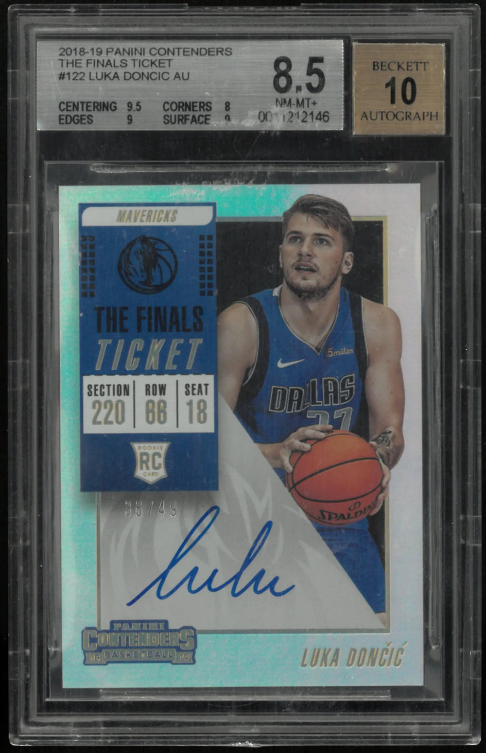 2018 Panini Contenders The Finals Ticket Luka Doncic RC Auto BGS 8.5 Auto 10 /49