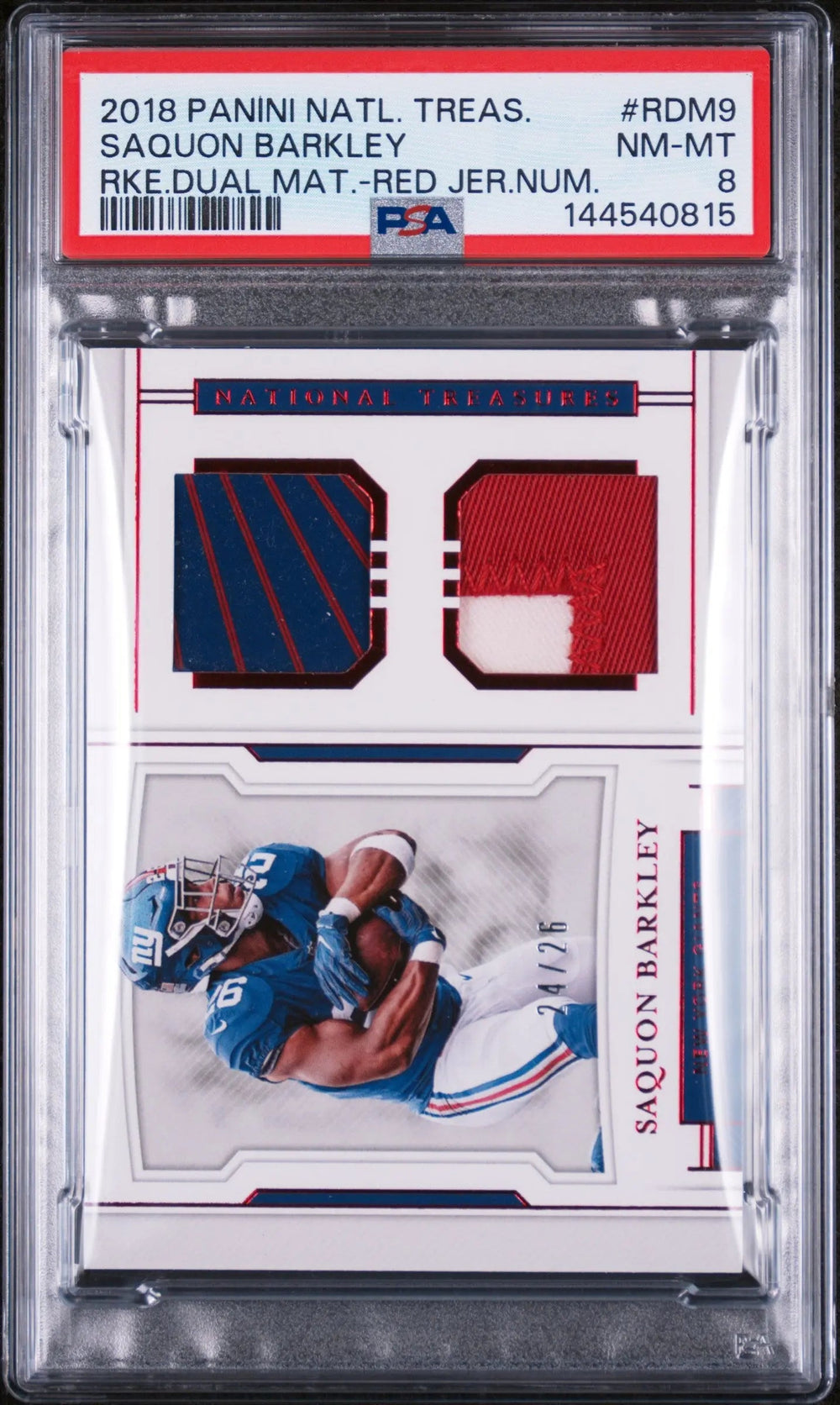 2018 Panini National Treasures Red Rookie Dual Material Saquon Barkley /26 PSA 8