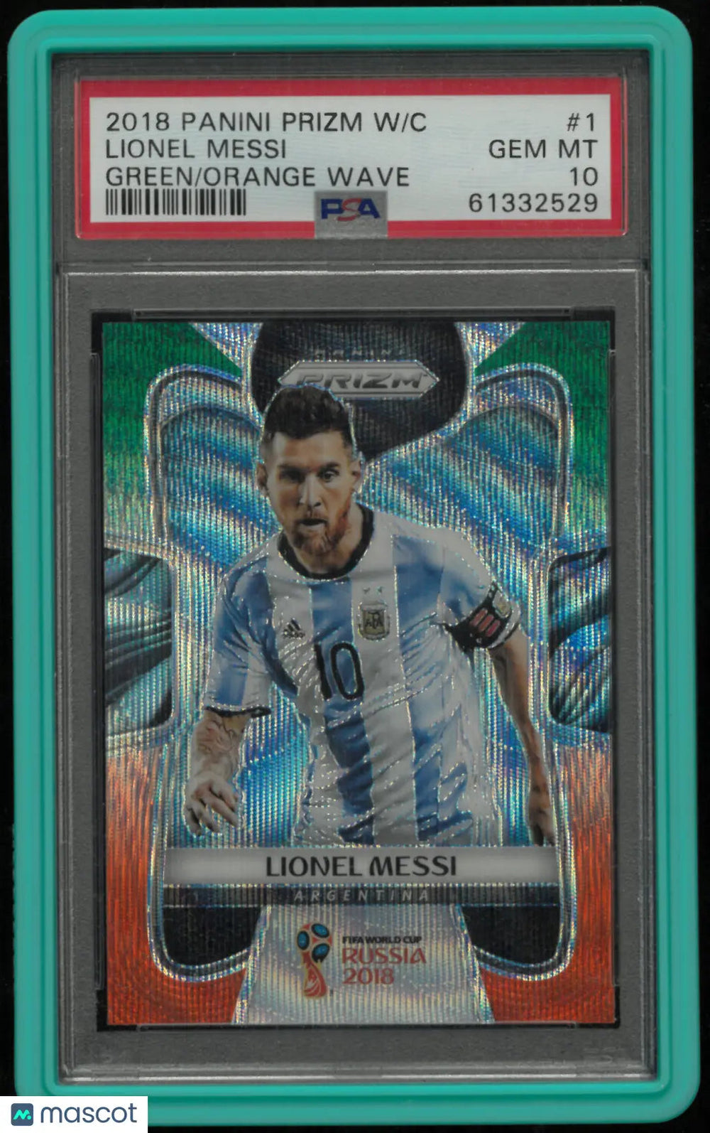 2018 Panini Prizm World Cup Lionel Messi #1 Green Orange Wave PSA 10