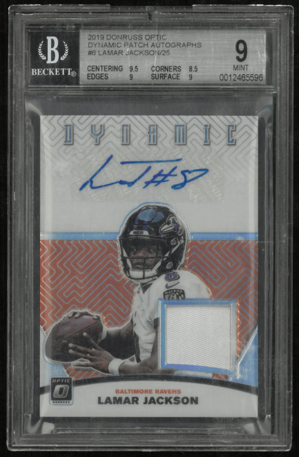 2019 Donruss Optic Dynamic Patch Autographs Lamar Jackson /25 BGS 9 Auto 10 DMG SLAB