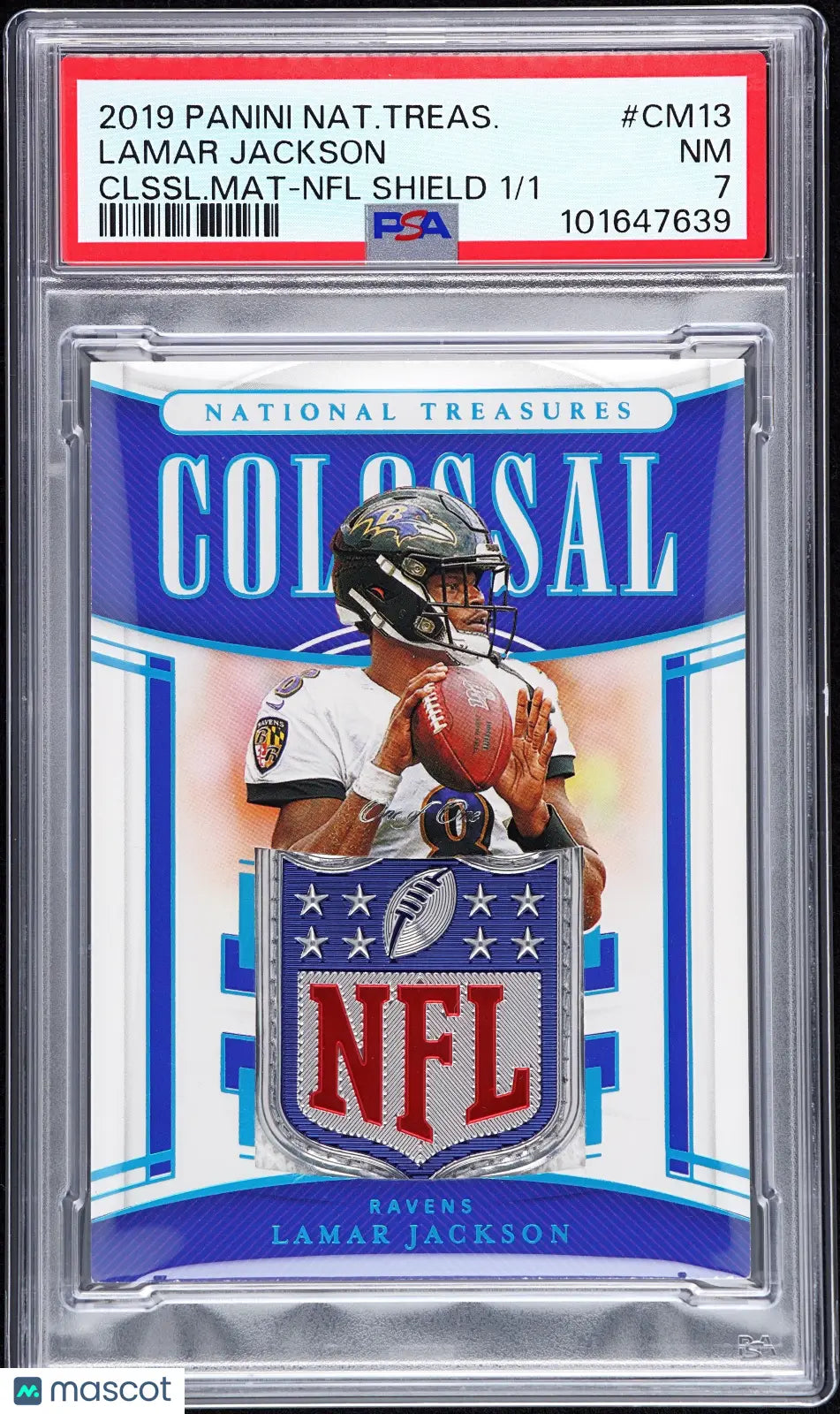 2019 National Treasures Colossal Materials Lamar Jackson NFL Shield 1/1 PSA 7