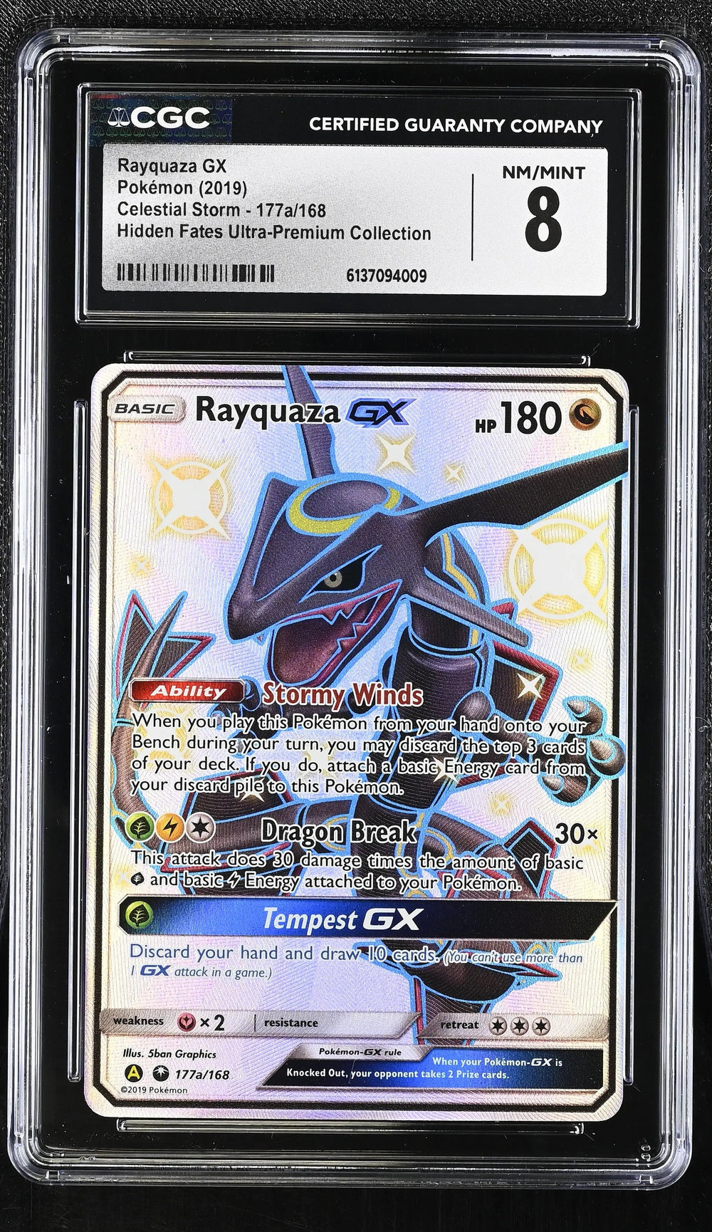 2019 Pokemon Celestial Storm Rayquaza GX Hidden Fates UPC CGC 8 177a/168