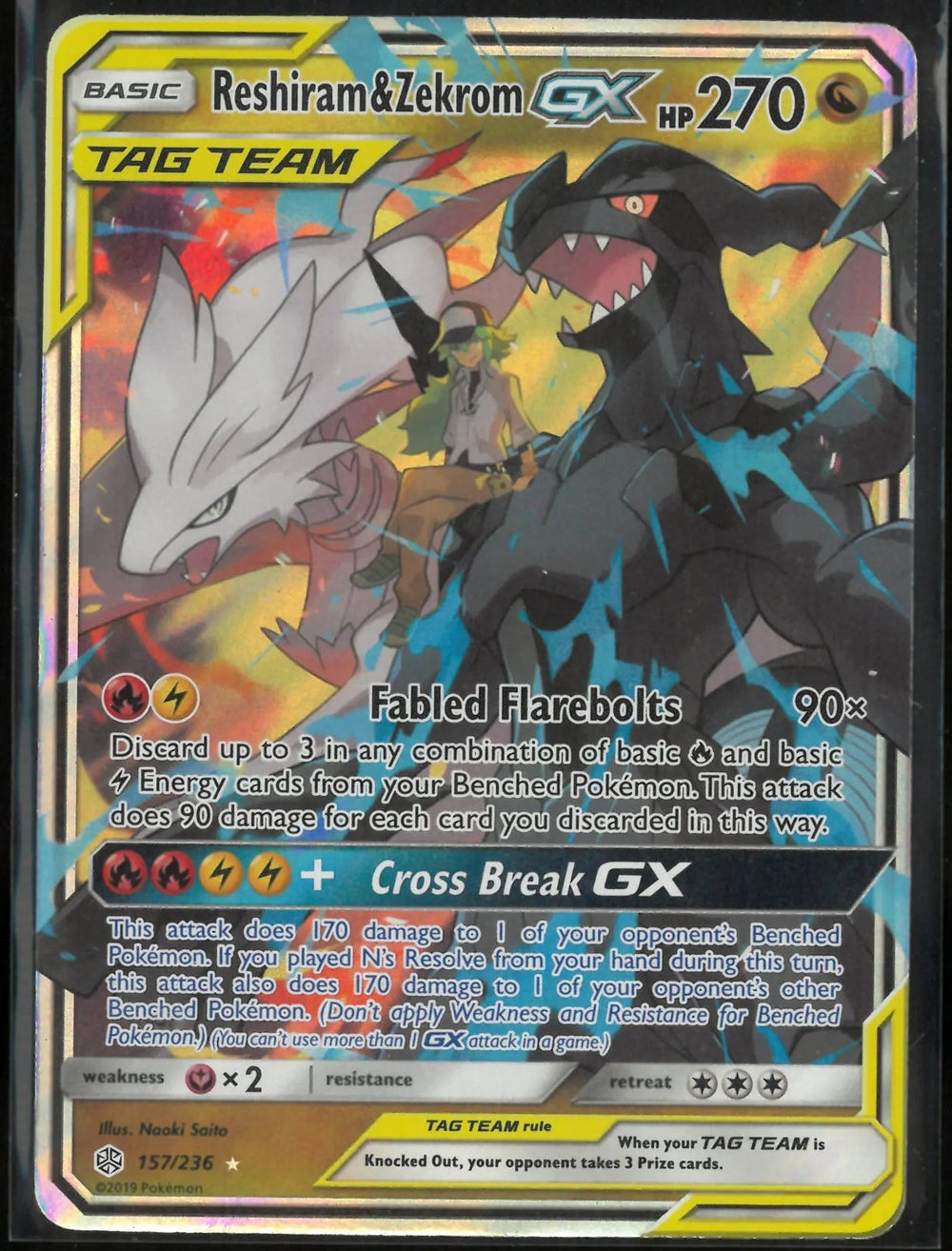 2019 Pokemon Cosmic Eclipse Ultra Rare Reshiram & Zekrom GX 157/236