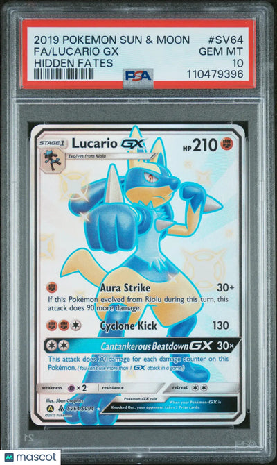2019 Pokemon Sun & Moon Hidden Fates Lucario GX Fa Hidden Fates PSA 10 #SV64