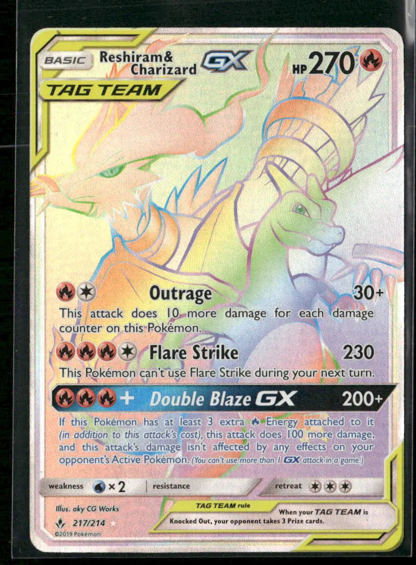 2019 Pokemon Unbroken Bonds Secret Rare Reshiram & Charizard GX 217/214