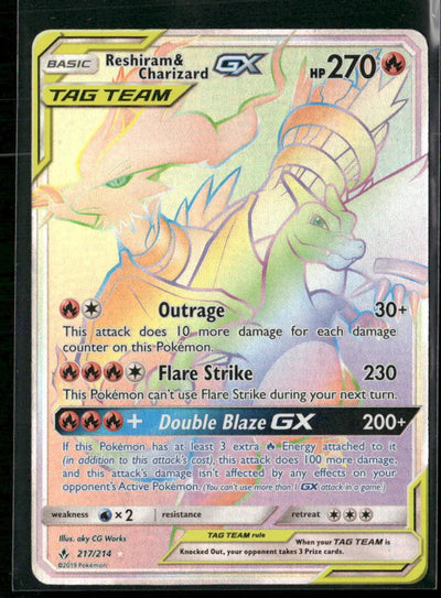 2019 Pokemon Unbroken Bonds Secret Rare Reshiram & Charizard GX 217/214