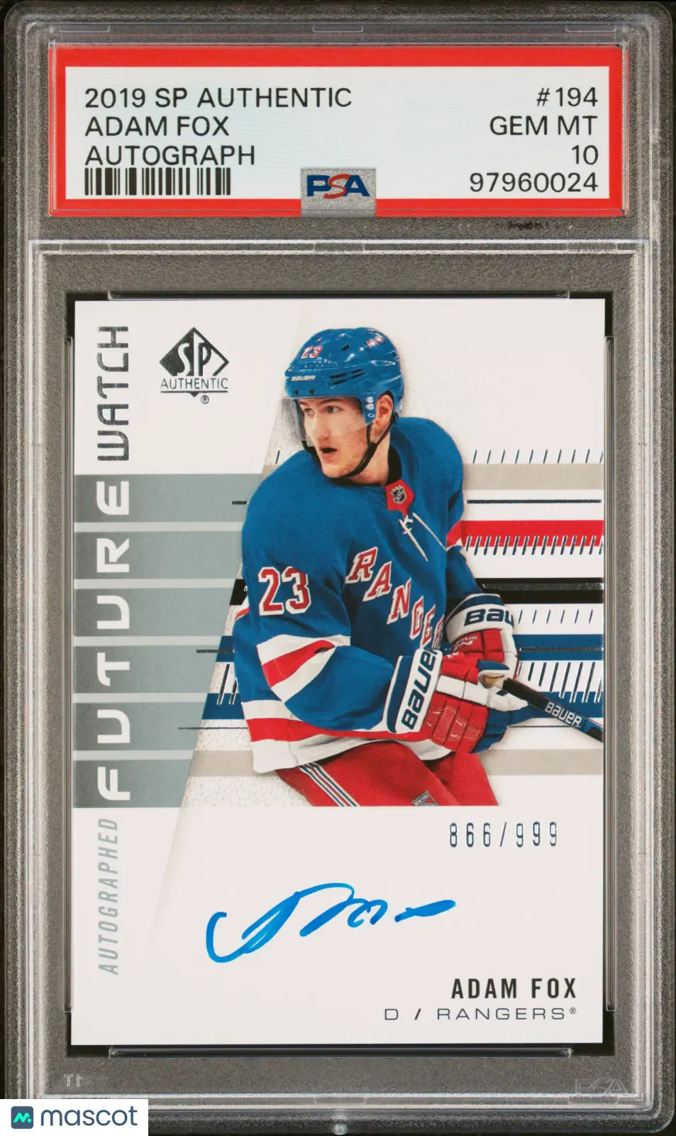 2019 SP Authentic Future Watch Adam Fox Autograph Auto /999 RC Rookie PSA 10