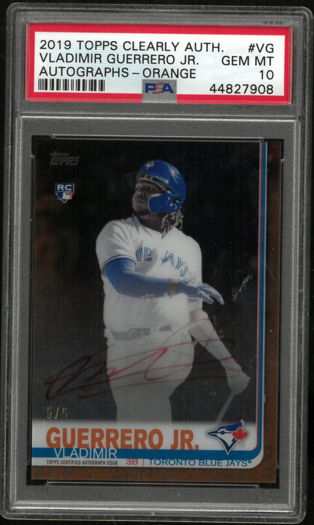 2019 Topps Clearly Authentic Auto Vladimir Guerrero JR. RC Orange PSA 10 5/5
