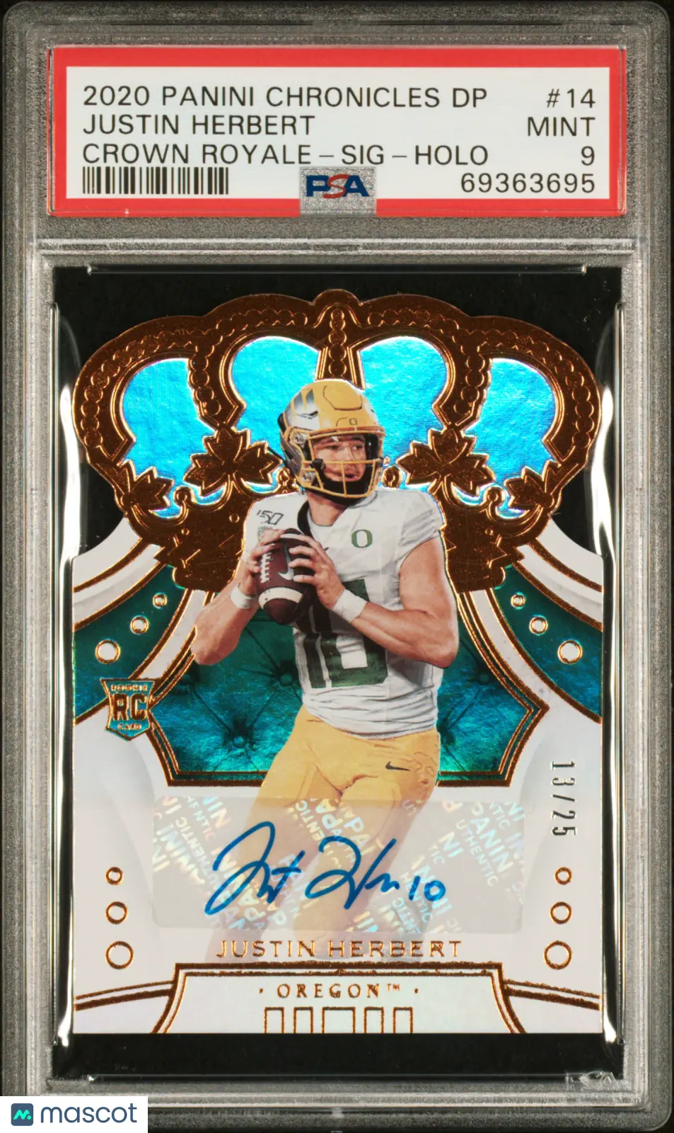 2020 Chronicles Draft Picks Crown Royale Justin Herbert RC Auto Holo /25 PSA 9