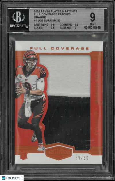 2020 Plates and Patches Full Coverage Patch Orange Joe Burrow /50 BGS 9