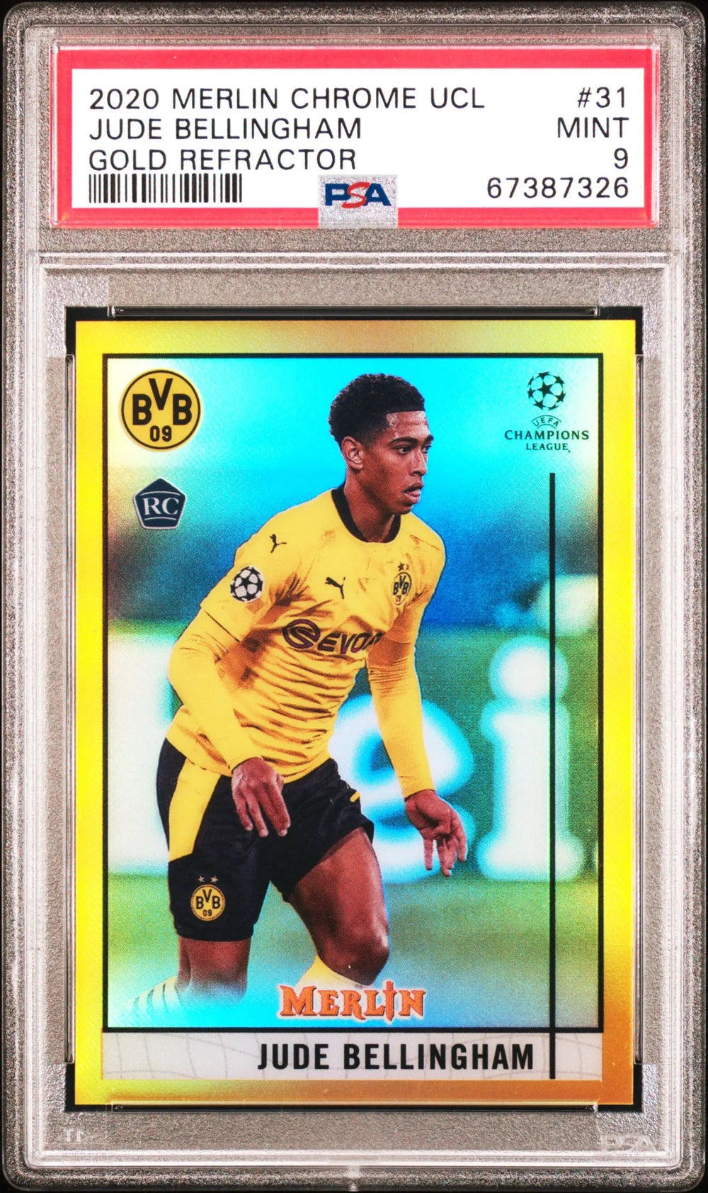 2020 Topps Merlin Chrome UCL Jude Bellingham RC Rookie Gold Refractor PSA 9 /50