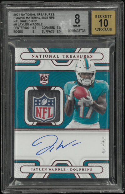 2021 National Treasures Rookie Patch Auto NFL Shield Red Jaylen Waddle BGS 8 1/1