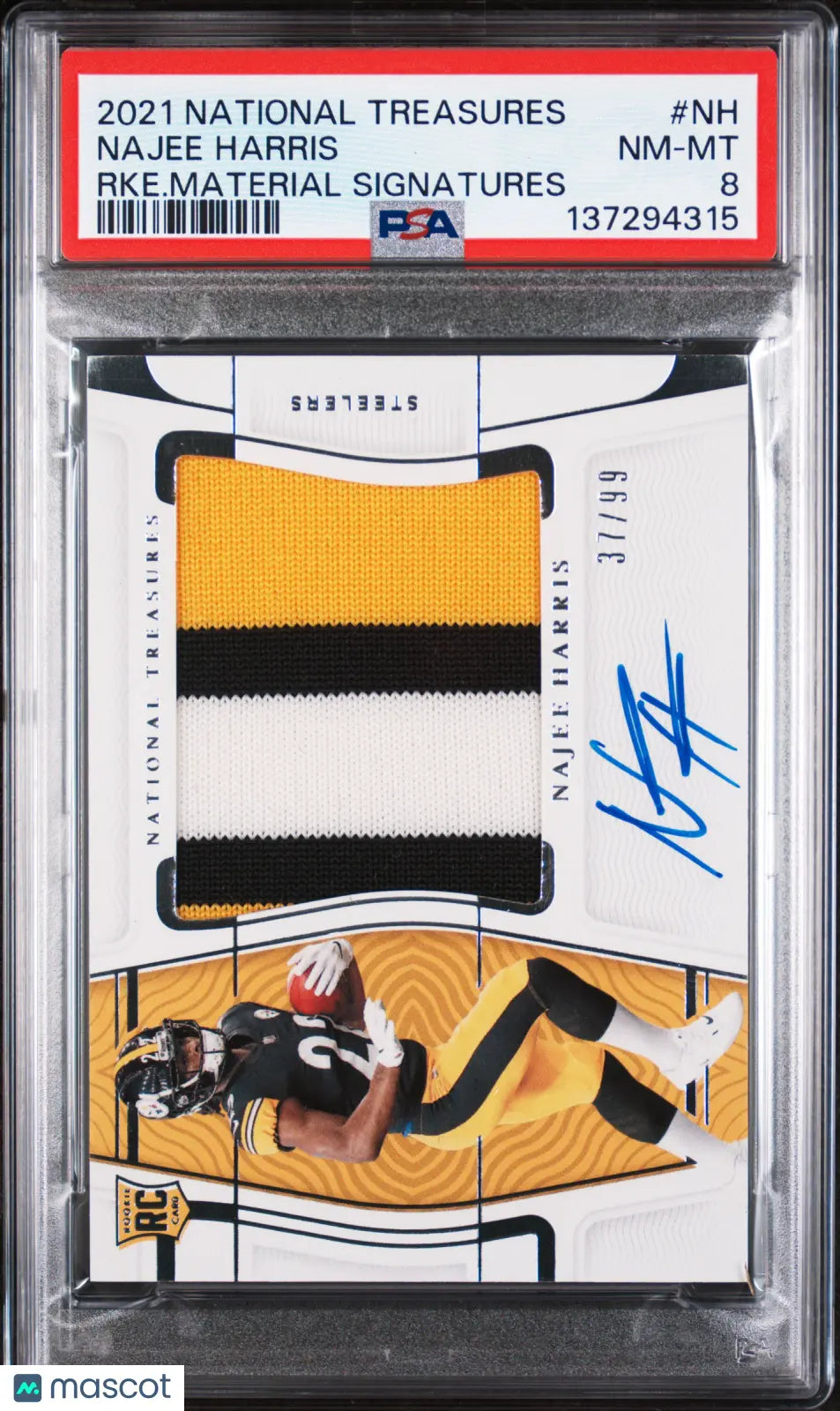 2021 Panini National Treasures Rookie Material Patch Auto Najee Harris /99 PSA 8