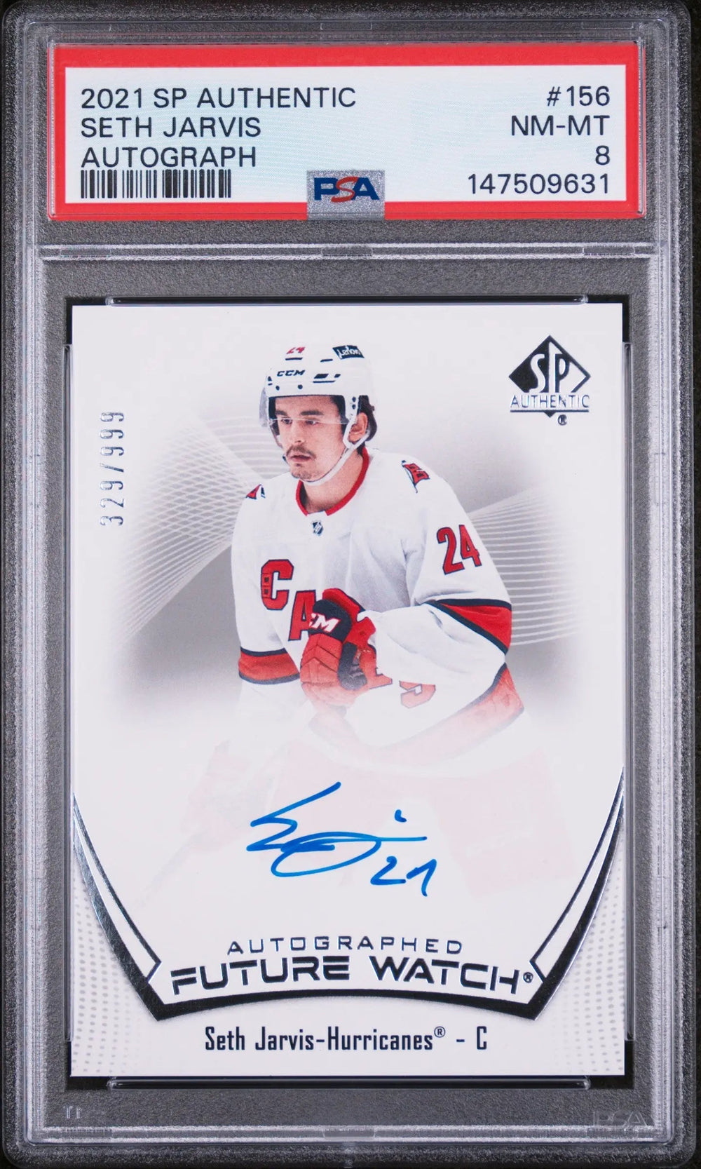 2021 UD SP Authentic Seth Jarvis Future Watch Auto RC Rookie /999 PSA 8