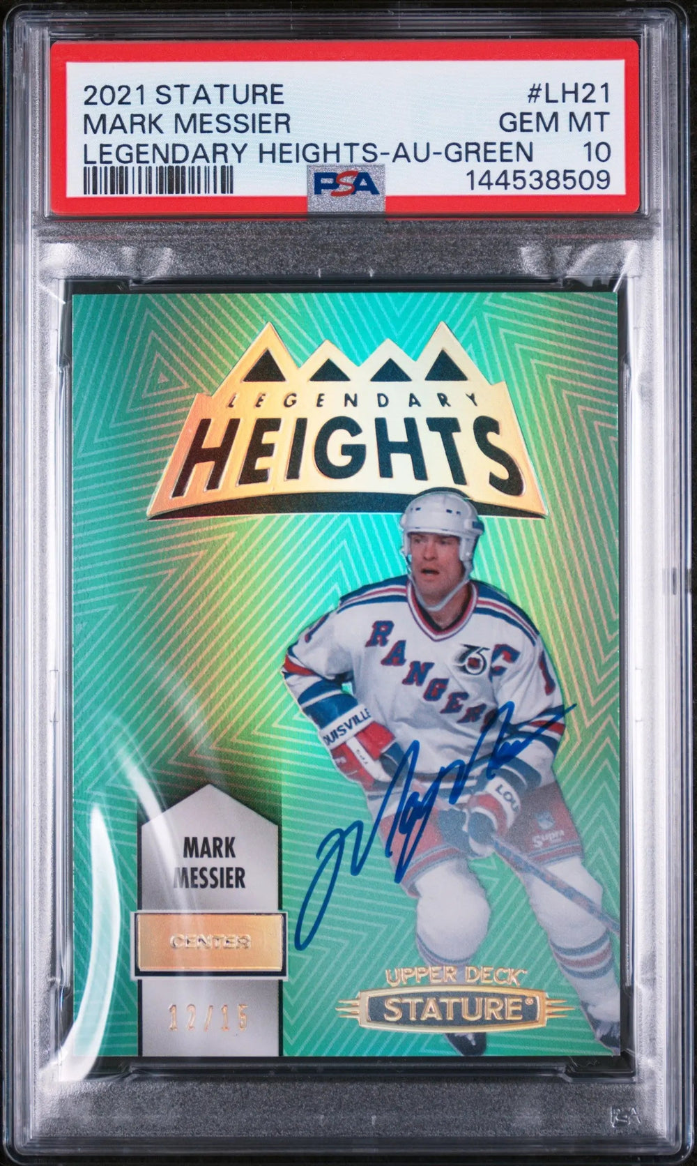 2021 Upper Deck Stature Legendary Heights Autograph Mark Messier Green/15 PSA 10